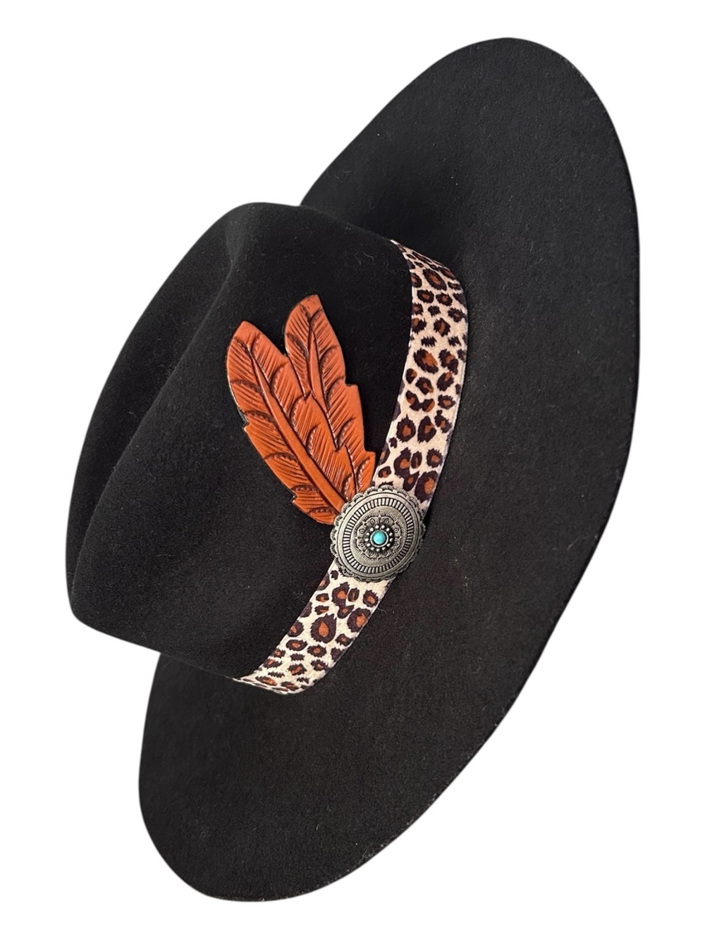 Charlie 1 Horse Black Felt Cowgirl Hat Leopard Print Concho Leather Feather